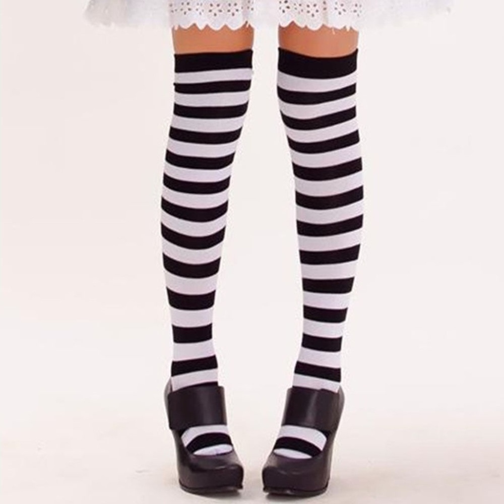 Striped Black & White Thigh High Socks Warm Over Knee Socks NEW